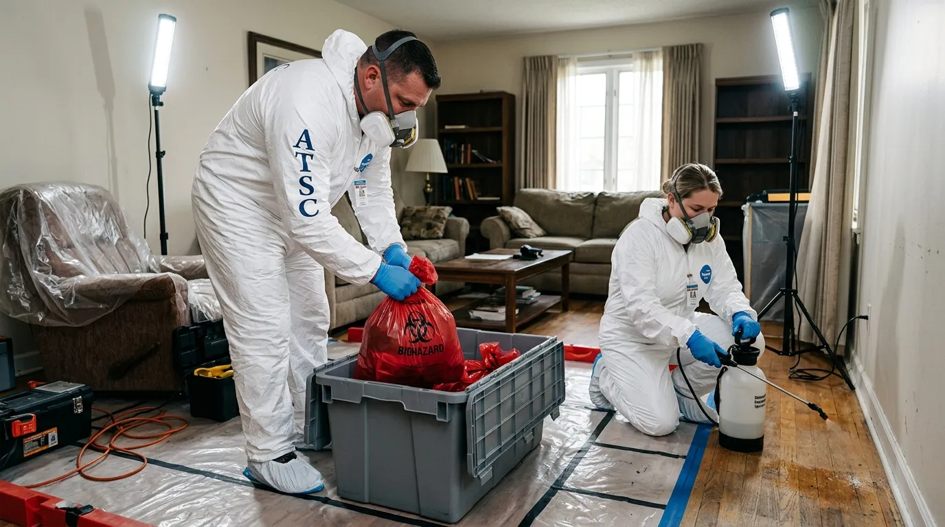 Professional Unattended Death Cleanup technician in full PPE working in Scottsdale